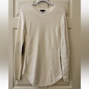 Lightweight Ivory Crewneck Sweater with Textured Front and Suede Elbow Patches